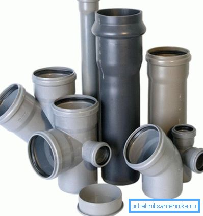 Kanalizasyon borularını bağlamak için plastik bağlantı parçaları.